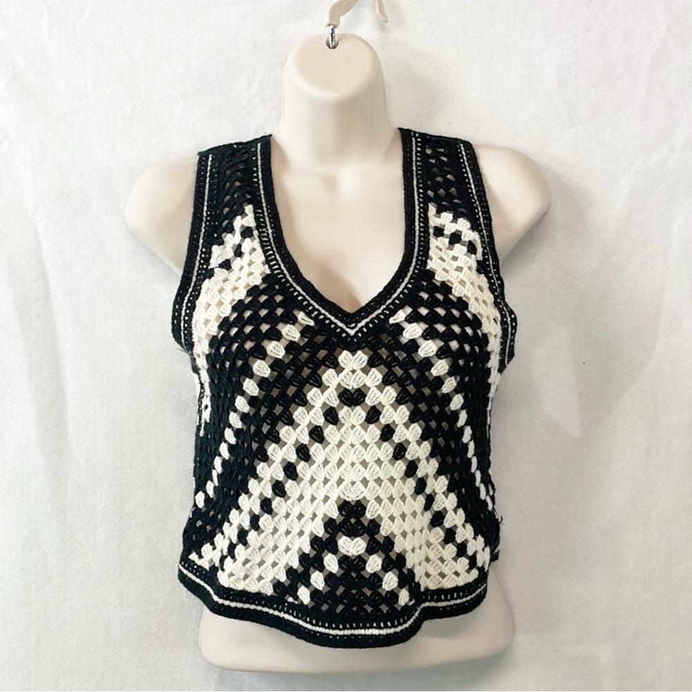 Rebellion Again Crochet Knitted Vest Ivory Black Cropped Women XS Cottagecore